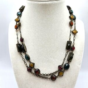 VINTAGE Avon Multi-Color Jeweled Beaded Long Bronze Tone Necklace